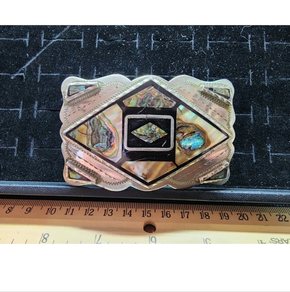 Vintage Sterling Silver/Abalone/Mother Of Pearl Inlaid Belt Buckle
